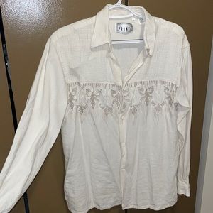 White linen button down with design